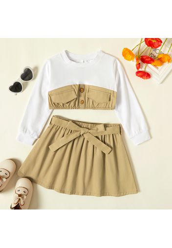 2-piece Toddler Girl Colorblock Button Decor Long-sleeve Crop Top and Bowknot Decor Solid Skirt Set