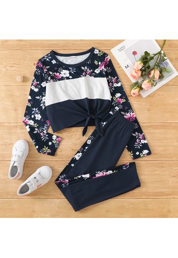 2-piece Kid Girl Floral Print Colorblock Tie Knot Long-sleeve Tee and Pants Set