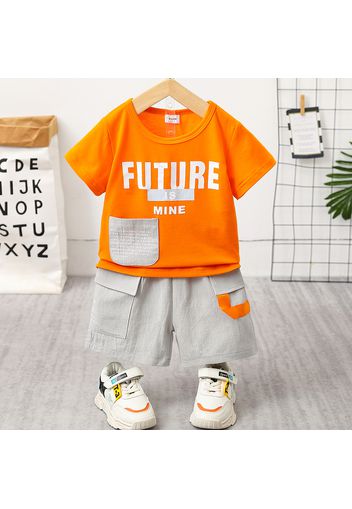 2pcs Toddler Boy Trendy Letter Print Pocket Design Tee and Shorts Set