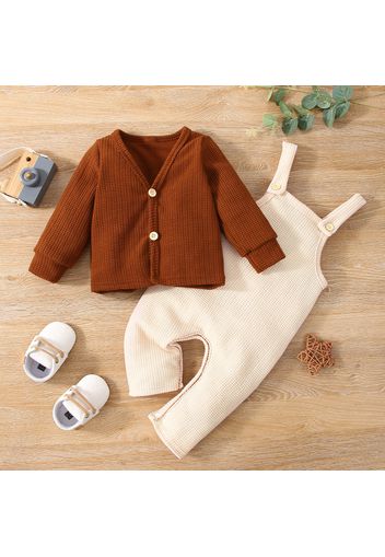 2pcs Baby Boy/Girl Solid Waffle Long-sleeve Cardigan and Overalls Set