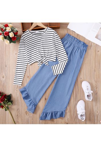 2-piece Kid Girl Stripe Tie Knot Long-sleeve Tee and Ruffled Irregular Hem Denim Jeans Set