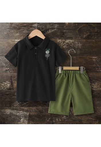 2pcs Kid Boy Deer Embroidered Short-sleeve Pique Polo Shirt and Shorts Set