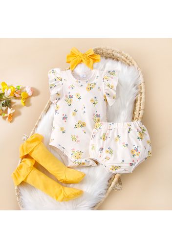 4pcs Baby Girl Yellow Floral Print Ruffle Sleeve Romper, Shorts, Headband and Knee High Socks Set