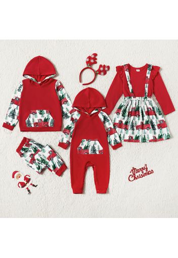 Christmas Tree and Car Print Splicing Red Sibling Matching Long-sleeve Sets