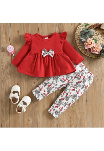 2pcs Baby Dark Green Cotton Long-sleeve Bowknot Top and All Over Leaves Print Trousers Set