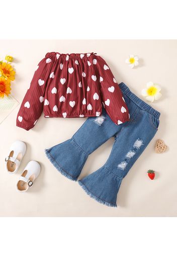 2pcs Baby Girl All Over Love Heart Print Off Shoulder Long-sleeve Top and Flared Jeans Set