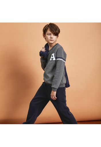 2-piece Kid Boy Letter Embroidered Textured Pullover Sweatshirt and Fleece Lined Pants Set