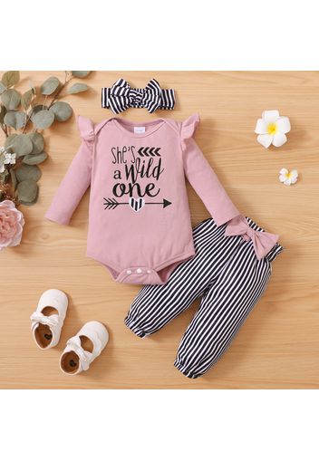 3pcs Letter Embroidered Long-sleeve Ribbed Cotton Romper and Striped Pants Set