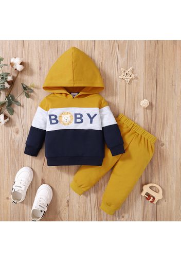 2pcs Baby Animal and Letter Print Color Block Long-sleeve Hoodie with Trousers Set