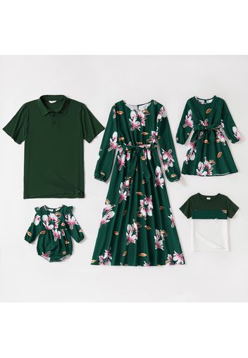 Dark Green Print Family Matching Sets(Floral Print Long Sleeve Dresses and Short Sleeve Shirts or T-shirts)