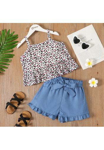 2-piece Kid Girl Leopard Print Ruffle Hem Cami and Bowknot Design Denim Paperbag Shorts Set