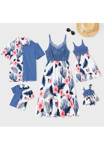 Family Matching Allover Floral Print Spliced Lace Cami Dresses and Short-sleeve Shirts Sets