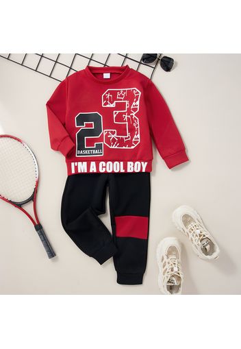 2-piece Kid Boy Letter Number Print Red Pullover and Colorblock Pants Set