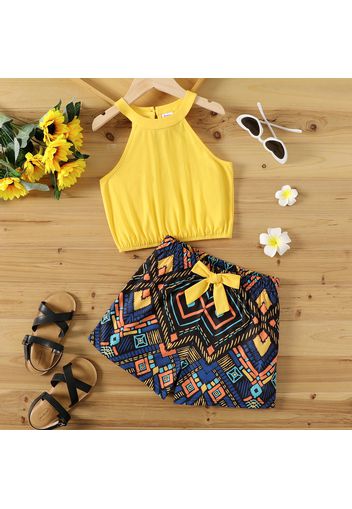 2pcs Kid Girl Yellow Halter Camisole and Bowknot Design Exotic Shorts Set