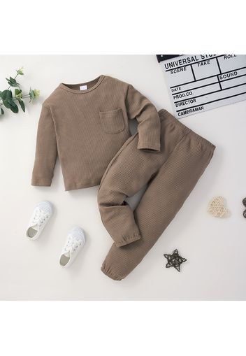 2-piece Toddler Boy Round-collar Long-sleeve Ribbed Solid Top with Pocket and Elasticized Pants Casual Set