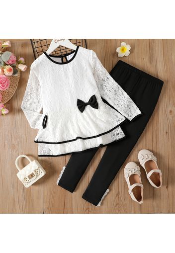 2pcs Kid Girl Bowknot Lace Design Long-sleeve Tee and Black Leggings Set