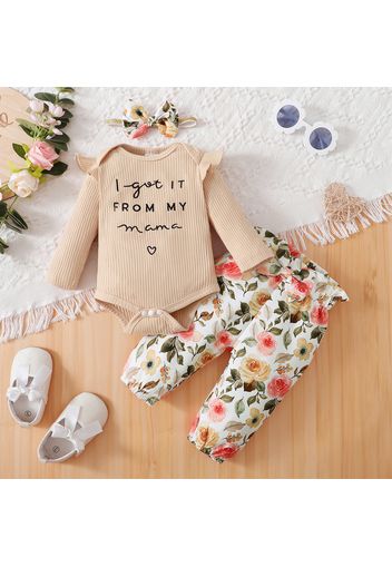 3pcs Baby Girl 95% Cotton Long-sleeve Letter Embroidered Rib Knit Romper and Allover Floral Print Pants with Headband Set