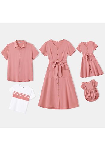 Family Matching Solid V Neck Button Front Short-sleeve Dresses and Tee Shirts Sets