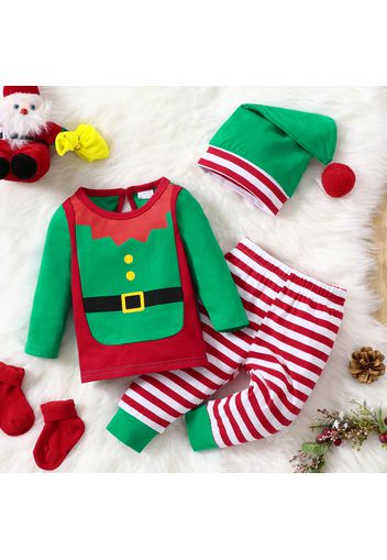 Christmas 3pcs Baby Elf Outfits Cotton Long-sleeve Top and Striped Trousers Set