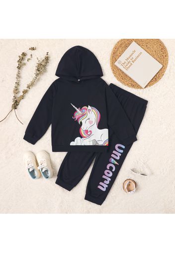 2-piece Kid Girl Unicorn Print Hoodie Sweatshirt and Letter Print Pants Set