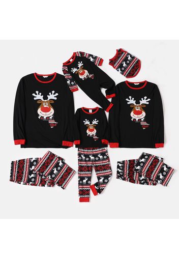 Christmas Cartoon Reindeer Print Black Family Matching Long-sleeve Pajamas Sets (Flame Resistant)