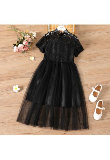 Kid Girl Lace Design Short-sleeve Solid Color Mesh Dress