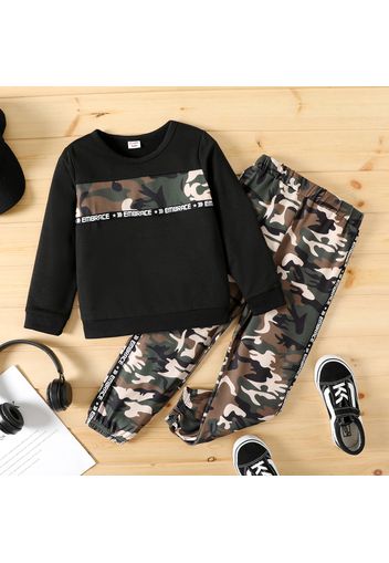 2pcs Kid Boy Letter Camouflage Print Pullover Sweatshirt and Pants Set