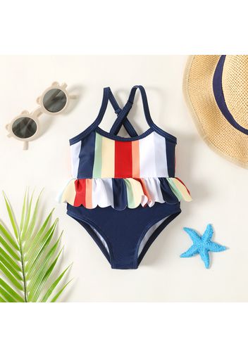 Baby Girl Striped Scallop Trim Detail One-Piece Swimsuit