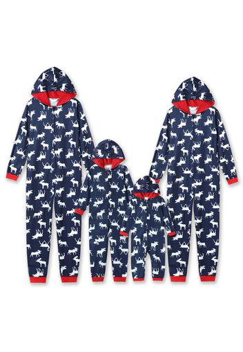 Christmas All Over Reindeer Print Dark Blue Family Matching Long-sleeve Hooded Onesies Pajamas Sets (Flame Resistant)