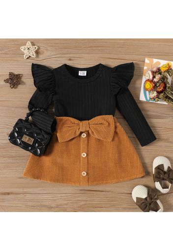 2pcs Baby Girl Rib Knit Ruffled Long-sleeve Top and Button Front Corduroy Skirt Set