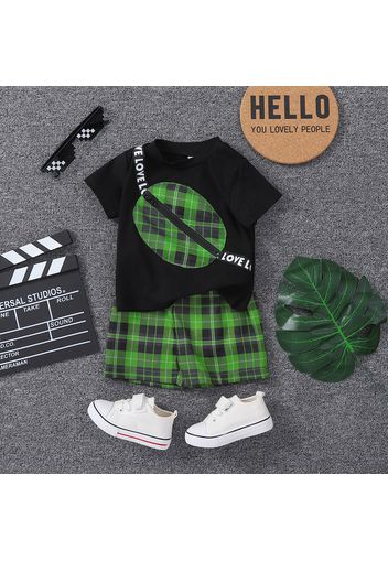 2pcs Baby Boy Fake Crossbody Bag Design Short-sleeve Tee and Plaid Shorts Set