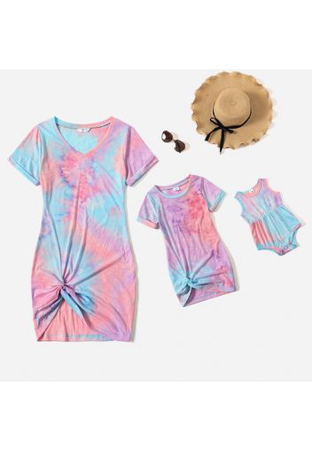 Family Matching Tie Dye V Neck Twist Knot Short-sleeve Bodycon T-shirt Dress for Mom and Me