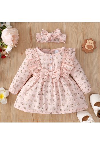 100% Cotton Crepe 2pcs Baby Girl Floral Print Bowknot Ruffle Long-sleeve Dress with Headband Set