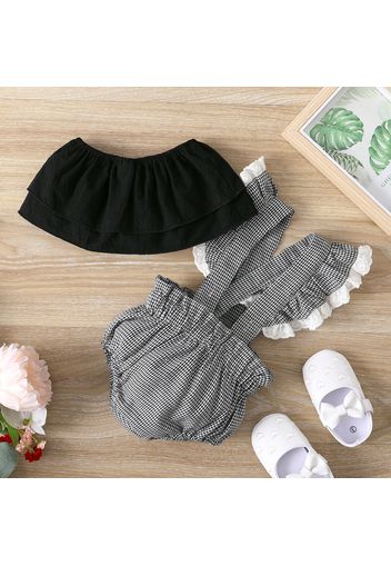 2pcs Baby Girl 100% Cotton Off Shoulder Layered Tube Top and Plaid Ruffle Romper Set