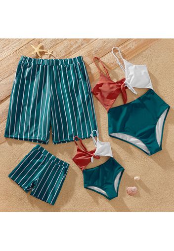 Color Block Splice Print Family Matching Swimsuits(Front Tie One-piece Swimsuits for Mom and Girl ; Stripe Swim Trunks for Dad and Boy)