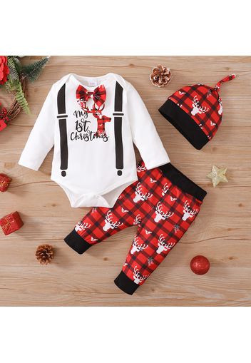 Christmas 3pcs Baby Reindeer and Letter Print Cotton Long-sleeve Romper with Red Plaid Trousers Set