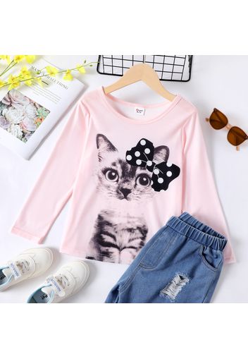 Kid Girl Animal Cat Bowknot Print Long-sleeve Pink Tee