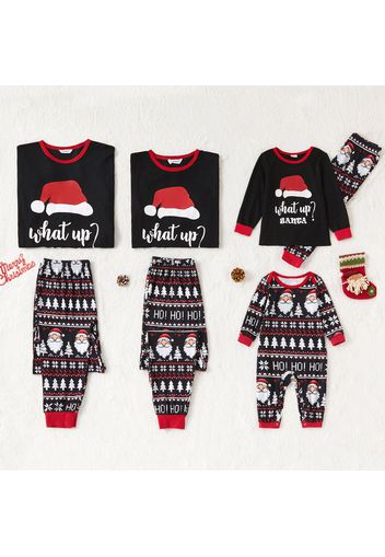 Christmas Hat and Letter Print Black Family Matching Long-sleeve Pajamas Sets (Flame Resistant)