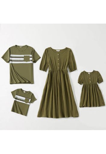 100% Cotton Family Matching Crepe Solid Green Dresses and Short-sleeve T-shirts Sets