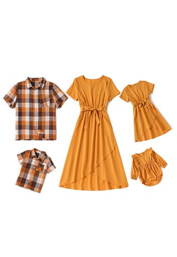 Family Matching Solid Short-sleeve Belted Tulip Hem Midi Dresses and Plaid Shirts Sets