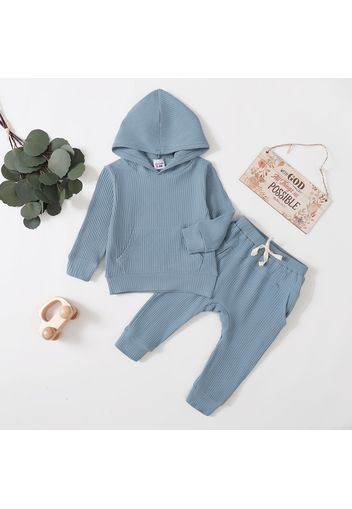 Ribbed 2pcs Solid Hooded Long-sleeve Baby Set