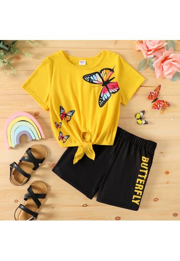 2pcs Kid Girl Butterfly Print Tie Knot Short-sleeve Tee and Letter Print Shorts Set