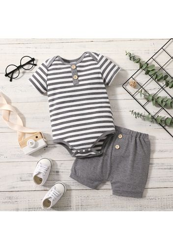 2pcs Baby Boy Grey Striped Ribbed Short-sleeve Romper and Shorts Set