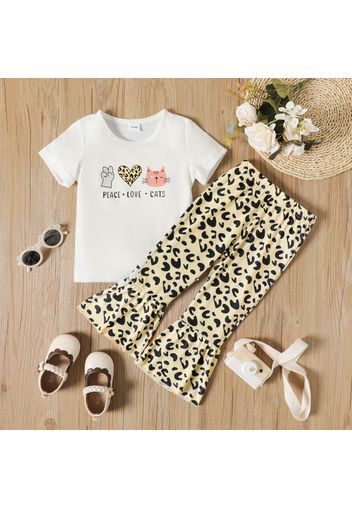 2-piece Toddler Girl Letter Cat Heart Print White Tee and Leopard Print Flared Pants Set