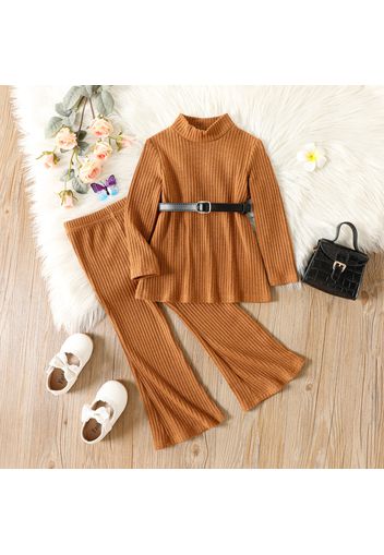 2pcs Toddler Girl Solid Color Ribbed Mock Neck Long-sleeve Tee and Flared Pants Set