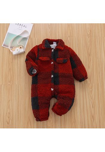 Khaki Plaid Fluffy Fleece Baby Lapel Long-sleeve Jumpsuit