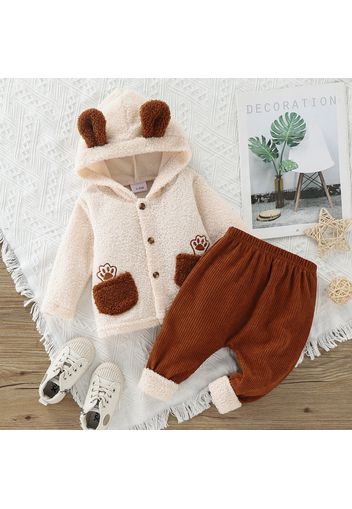 2pcs Baby Boy/Girl Fuzzy Fleece 3D Ears Long-sleeve Outwear and Corduroy Trousers Set