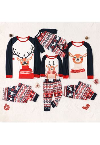 Christmas Cartoon Reindeer Print Family Matching Raglan Long-sleeve Pajamas Sets (Flame Resistant)