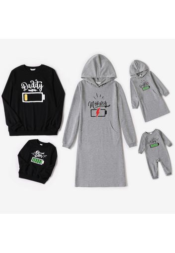 Family Matching Battery and Letter Print Long-sleeve Hooded Dresses and Black Sweatshirts Sets