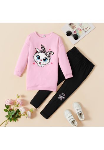 2pcs Kid Girl Cat Print Long-sleeve Pink Top and Paw Print Black Leggings Set